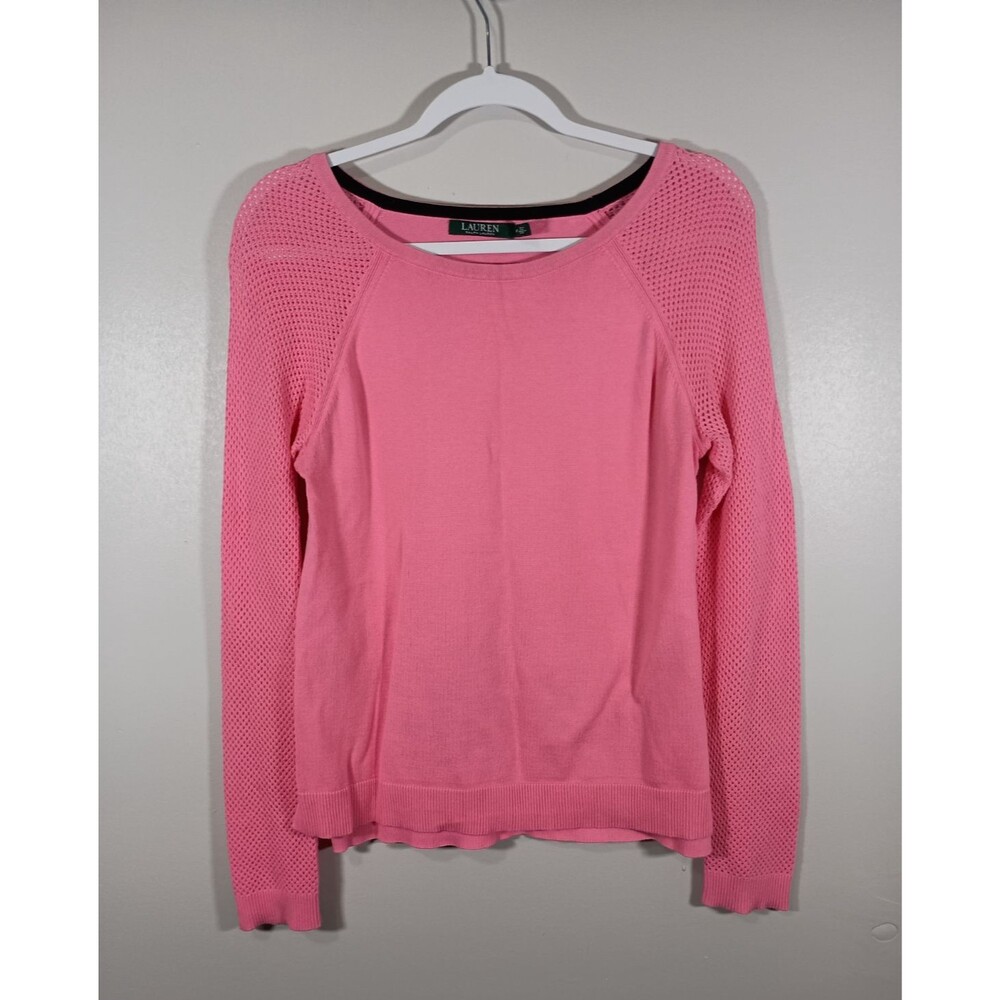 Ralph Lauren LRL Pink Raglan Mesh Sleeve Sweater Womens Cotton Size Medium